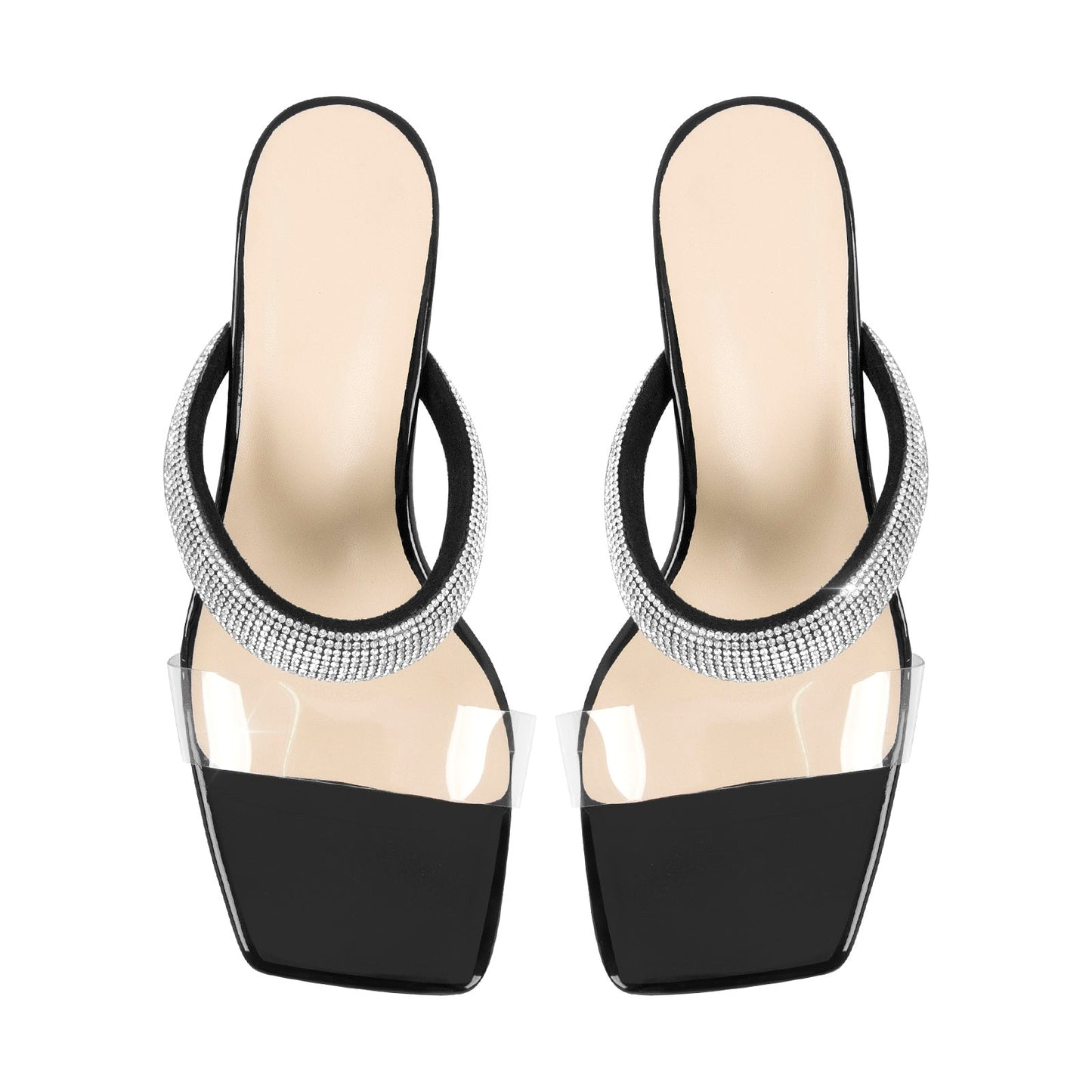 Clear Mid Block Heels Sliders Diamante Crossdressing Sandals