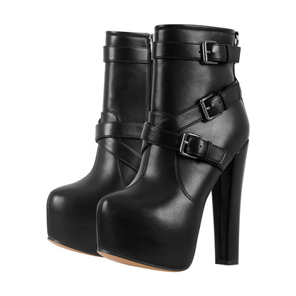 Round Toe Platform Chunky Buckle Zipper Crossdressing Ankle Boots