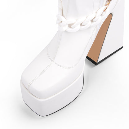 Square Toe Metal Chain Chunky Thigh Crossdressing Boots