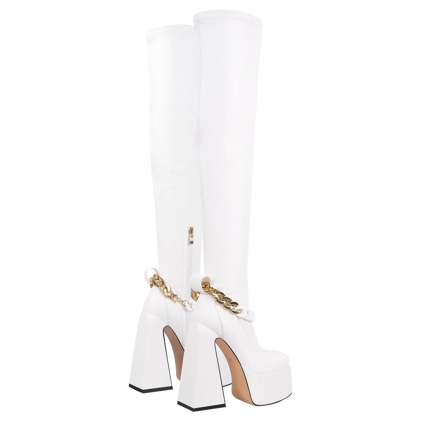 Square Toe Metal Chain Chunky Thigh Crossdressing Boots