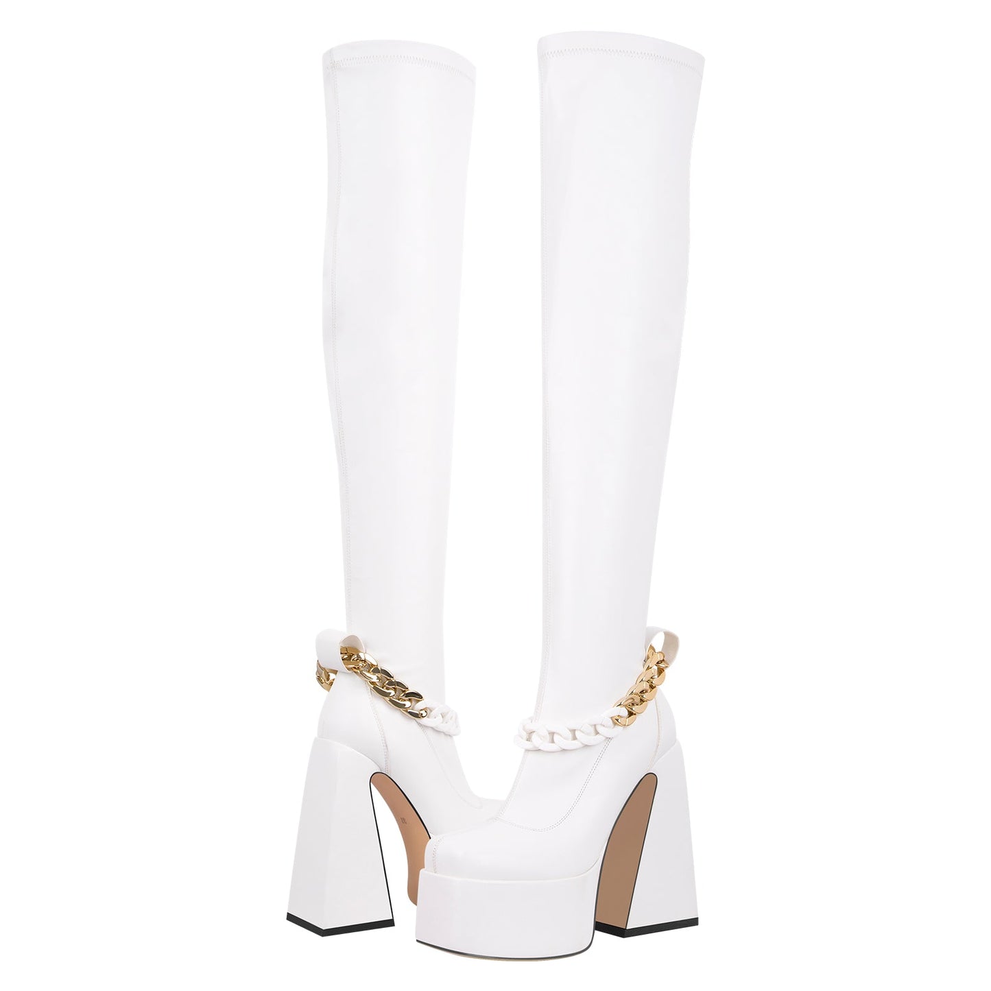 Square Toe Metal Chain Chunky Thigh Crossdressing Boots