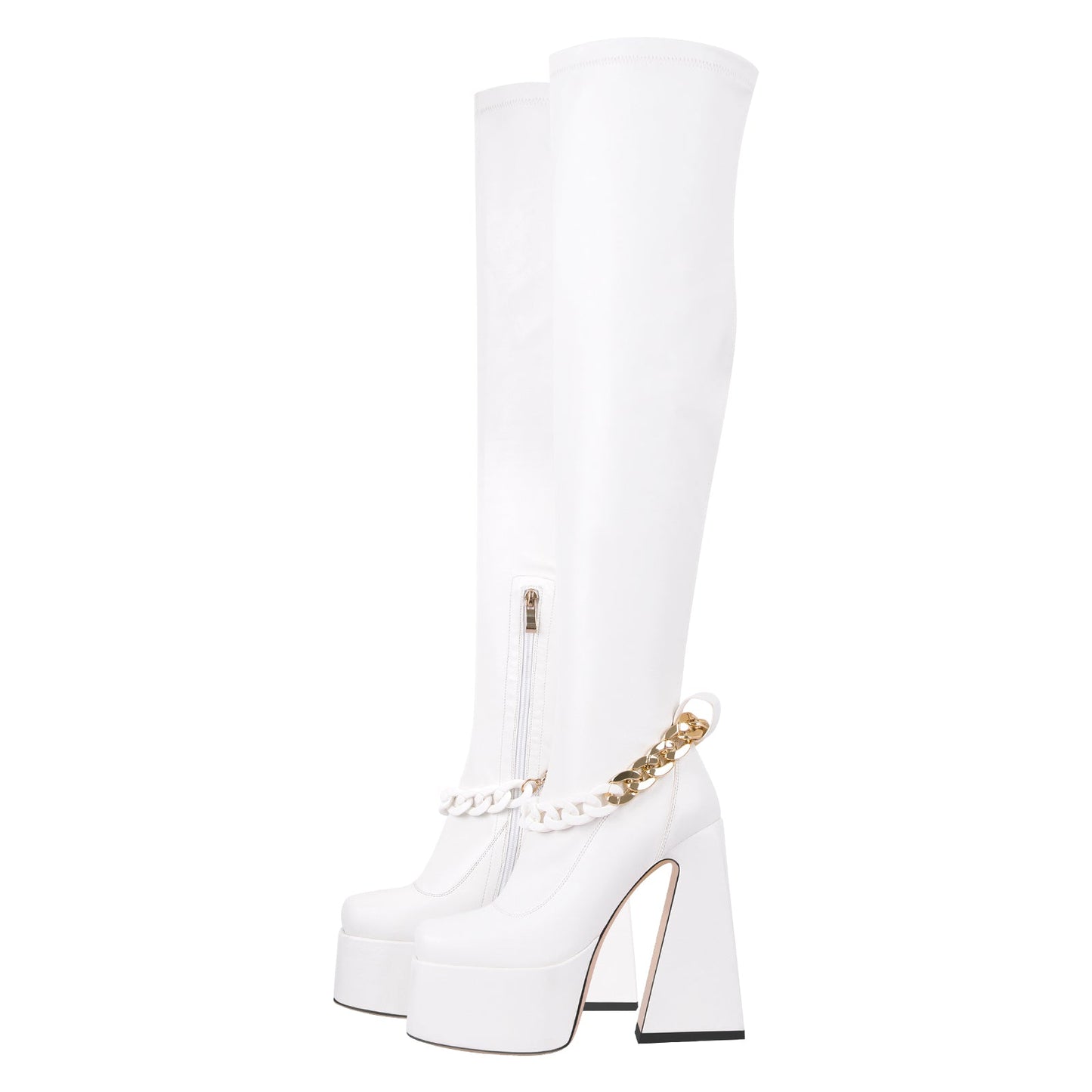 Square Toe Metal Chain Chunky Thigh Crossdressing Boots