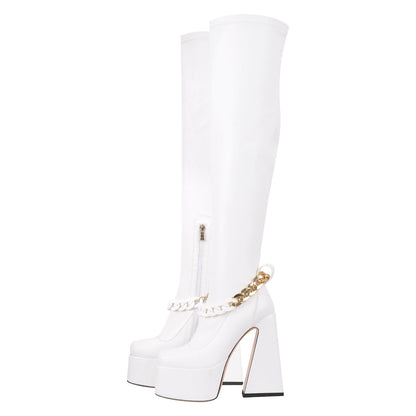 Square Toe Metal Chain Chunky Thigh Crossdressing Boots