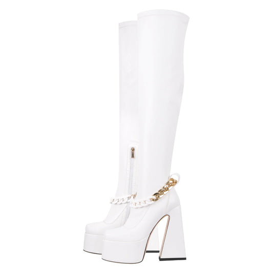 Square Toe Metal Chain Chunky Thigh Crossdressing Boots