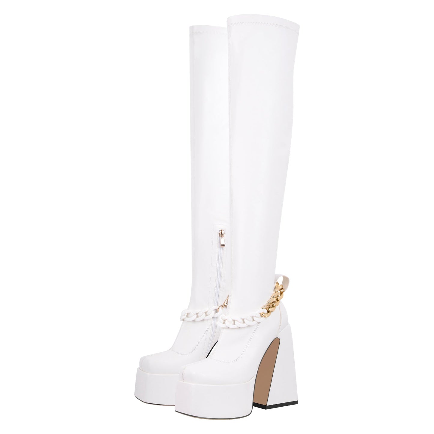 Square Toe Metal Chain Chunky Thigh Crossdressing Boots