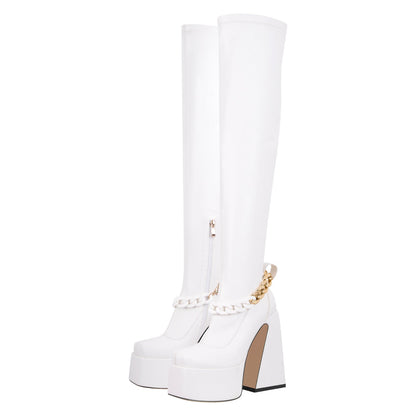 Square Toe Metal Chain Chunky Thigh Crossdressing Boots