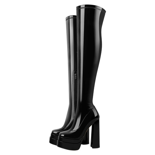 Patent Platform Chunky Over The Knee Thigh Crossdressing Boots