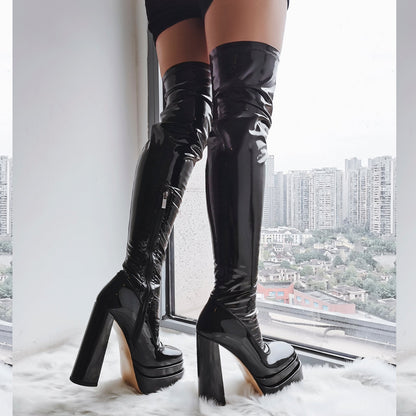 Patent Platform Chunky Over The Knee Thigh Crossdressing Boots