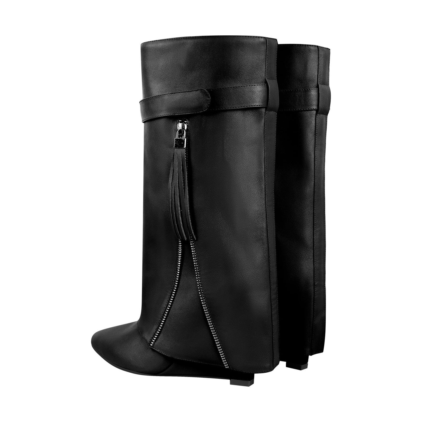 Pointed Toe Side Tassel Zipper Fold Over Crossdressing Boots