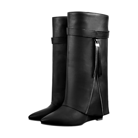 Pointed Toe Side Tassel Zipper Fold Over Crossdressing Boots