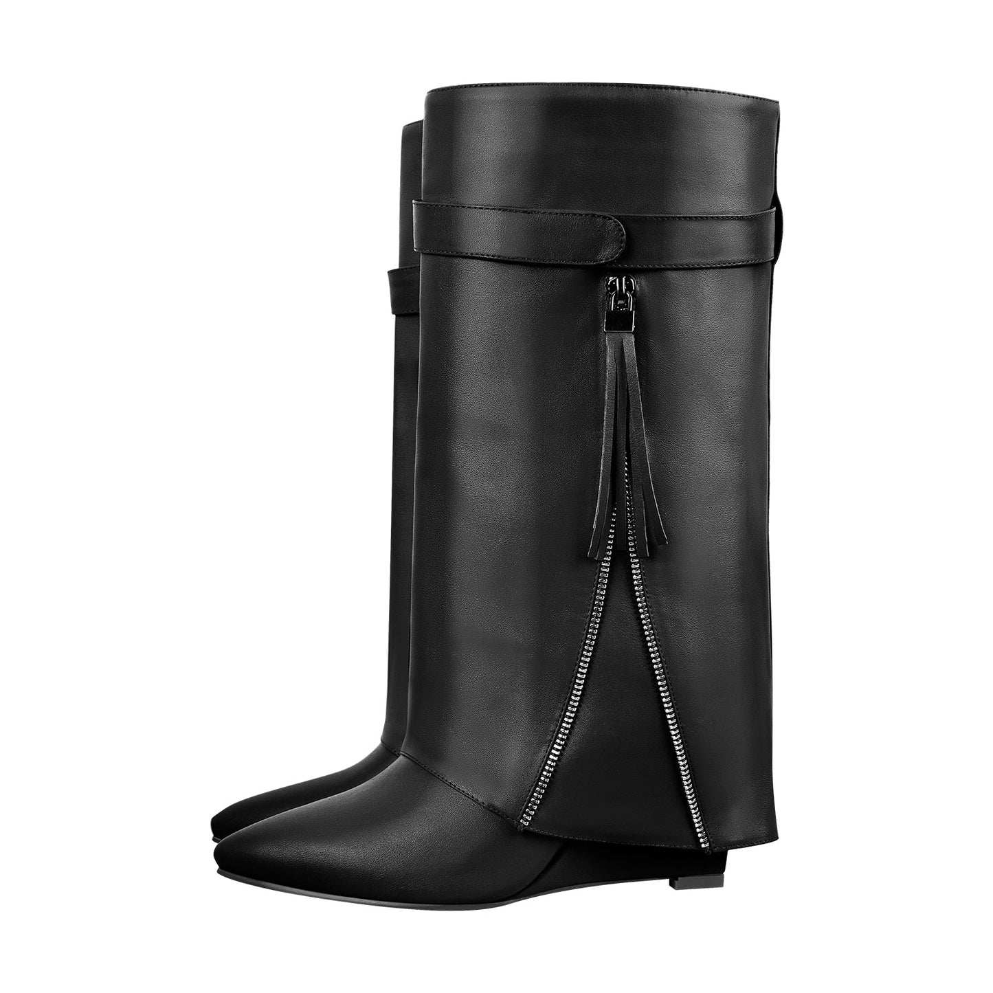 Pointed Toe Side Tassel Zipper Fold Over Crossdressing Boots