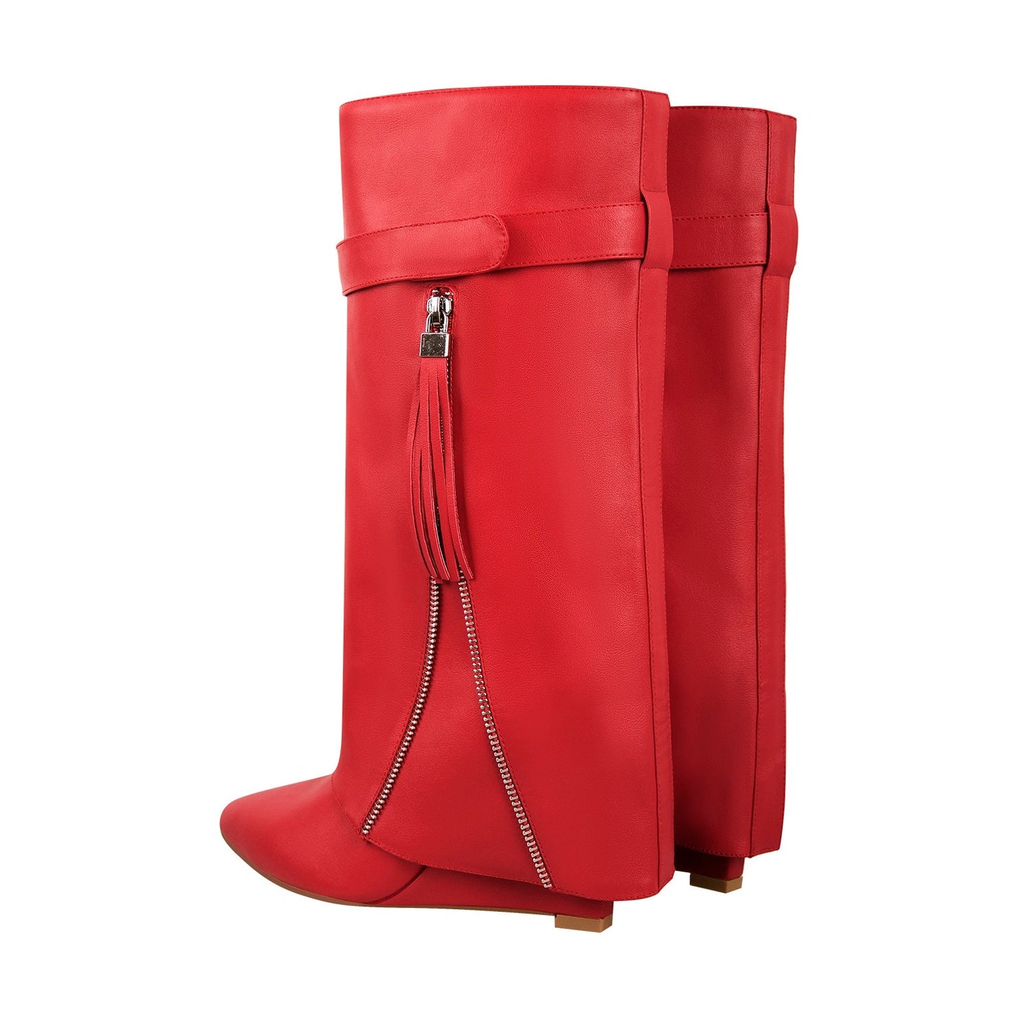 Pointed Toe Side Tassel Zipper Fold Over Crossdressing Boots