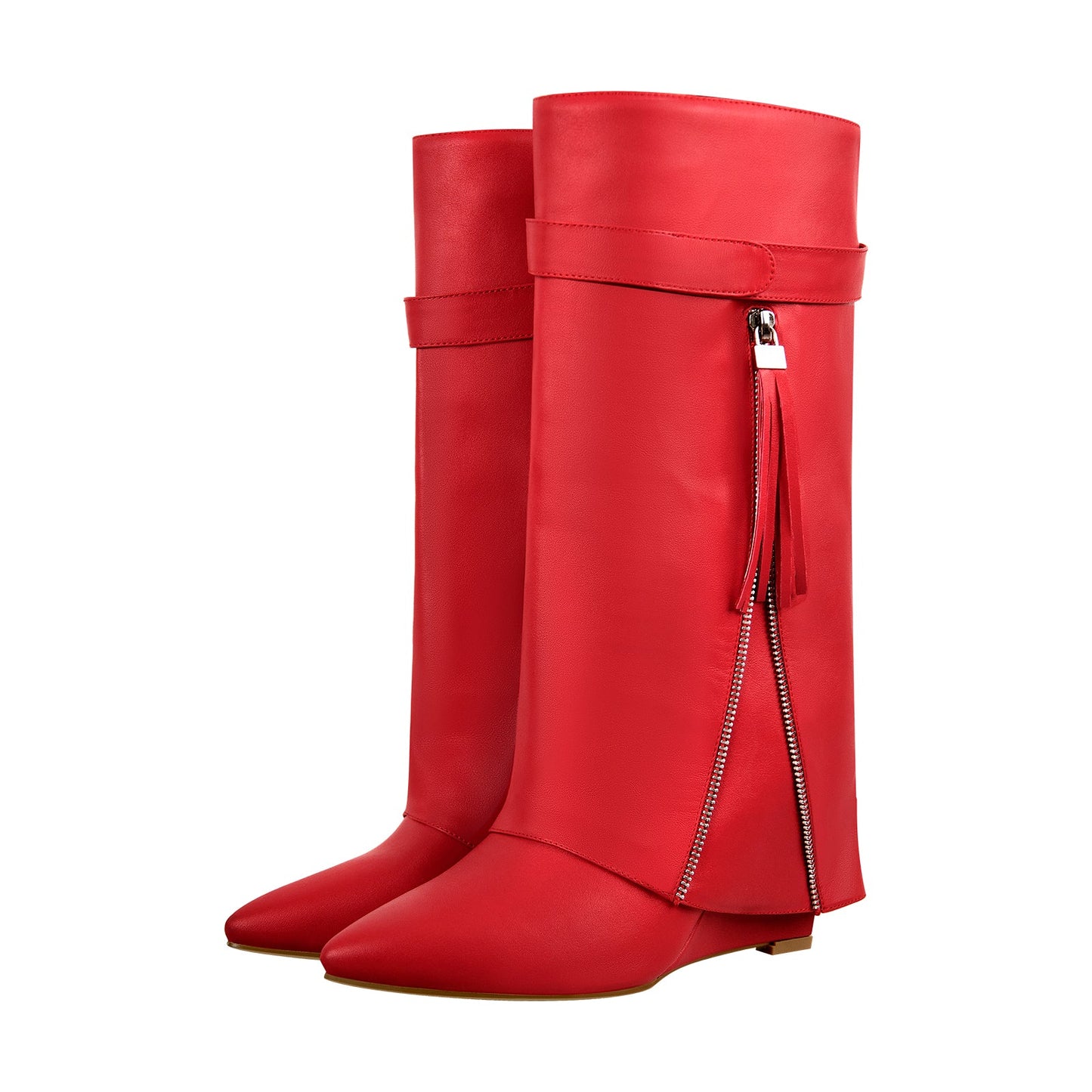 Pointed Toe Side Tassel Zipper Fold Over Crossdressing Boots