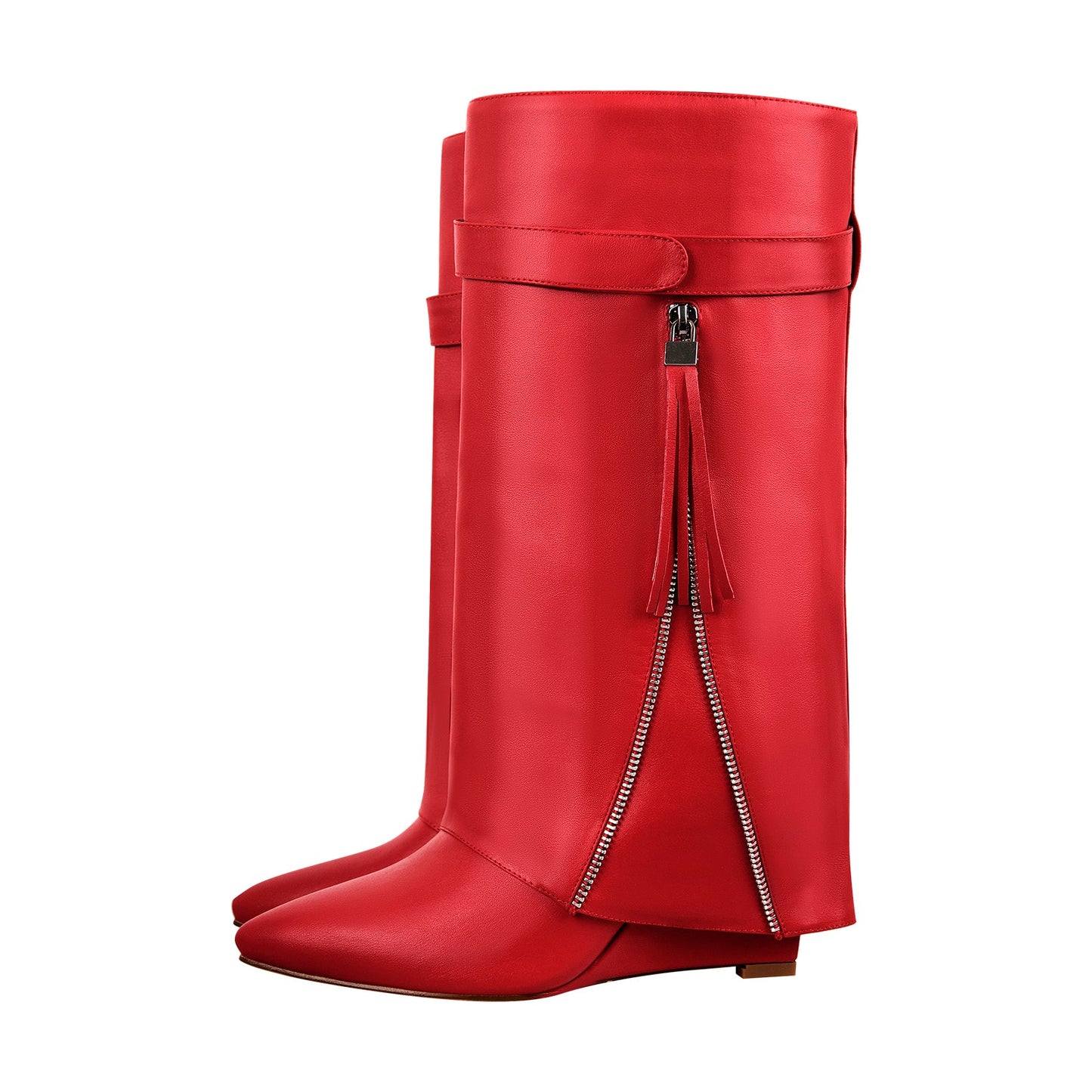 Pointed Toe Side Tassel Zipper Fold Over Crossdressing Boots