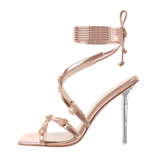 Ankle Strap Lace up Rhinestone Crossdressing Sandals
