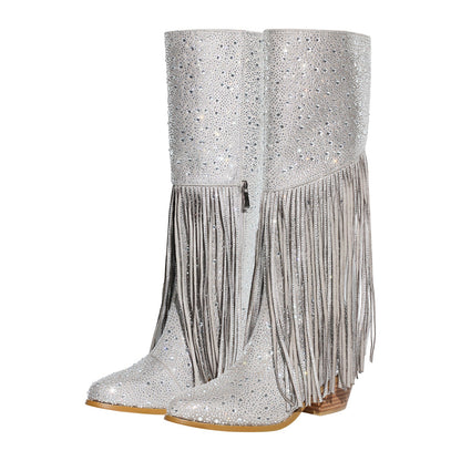 Chunky Heel Rhinestone Tassel Knee High Boots