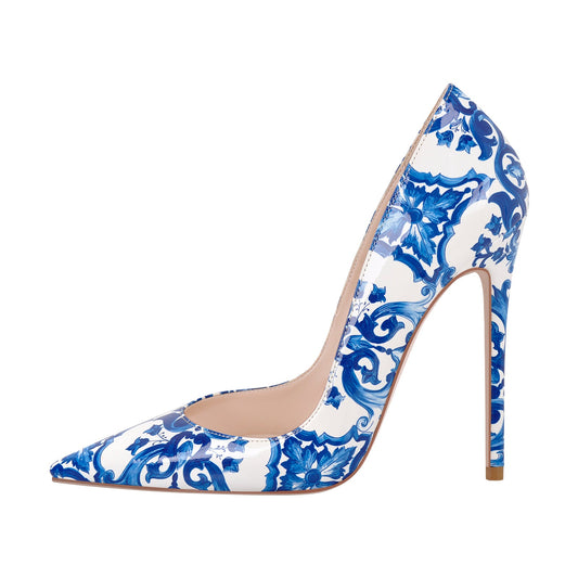 Blue and White Pattern Pointed Toe Crossdressing Pumps