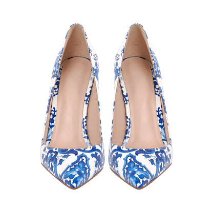 Blue and White Pattern Pointed Toe Crossdressing Pumps