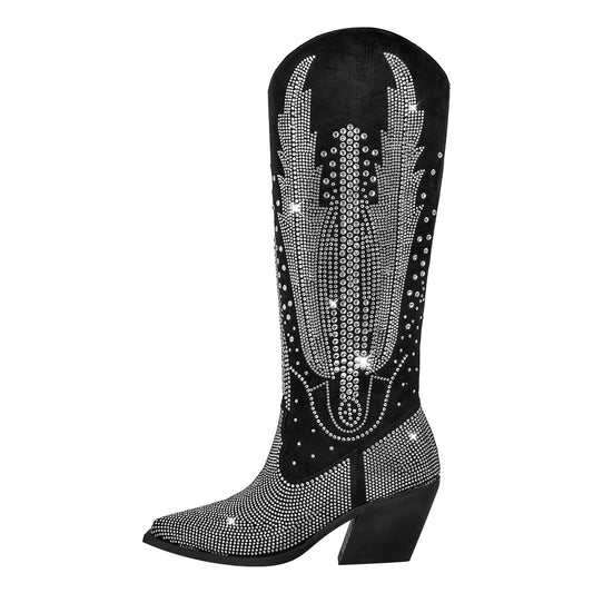 Rhinestone Zipper Black Western Crossdressing Boots