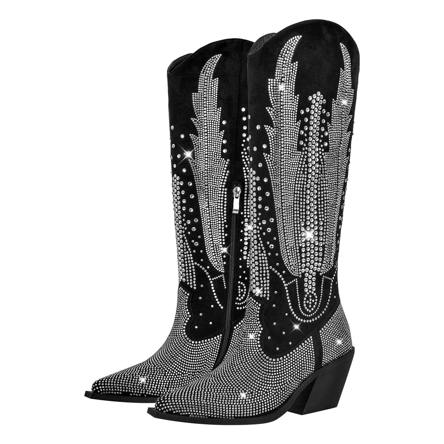 Rhinestone Zipper Black Western Crossdressing Boots