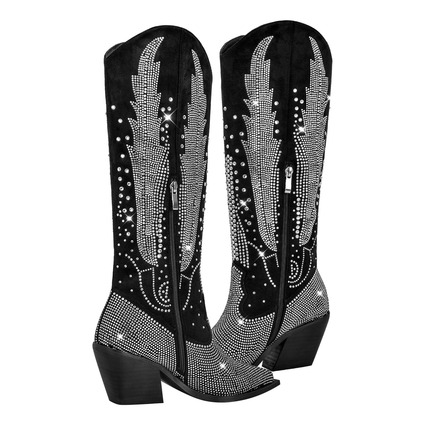 Rhinestone Zipper Black Western Crossdressing Boots