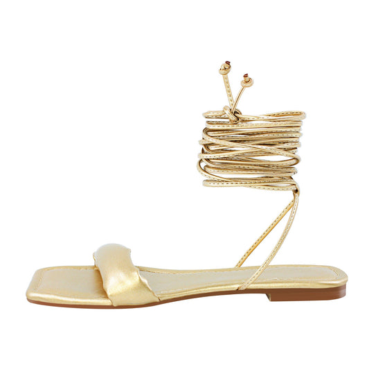 Square Toe Lace-up Strap Crossdressing Gold Flats