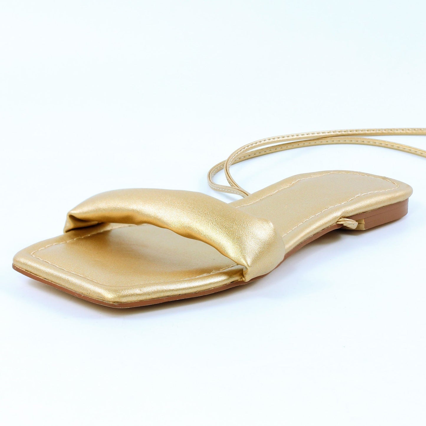 Square Toe Lace-up Strap Crossdressing Gold Flats