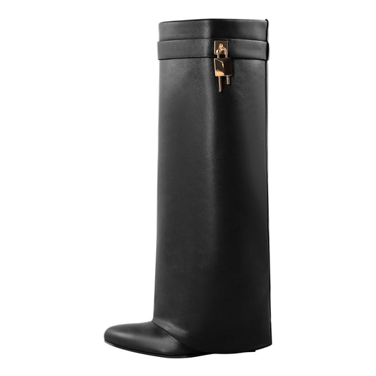 Pointed Toe Chunky Heel Fold Over Crossdressing Boots