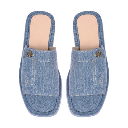 Denim Platform Square Toe Flats Crossdressing Slippers