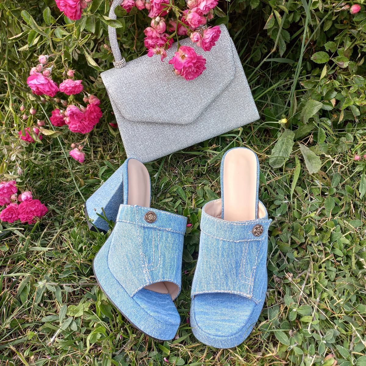 Denim Round Toe Platform Chunky Heel Crossdressing Sandals
