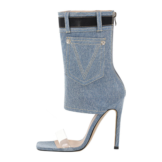 Denim Square Toe Stiletto Ankle Crossdressing Sandals