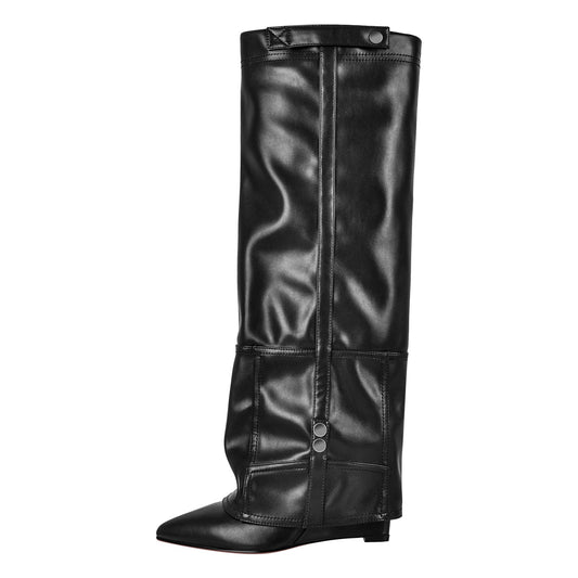 Denim Pointed Toe Wedge Heel Fold Over Crossdressing Boots