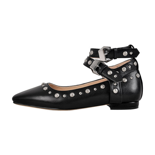 Rivet Square Toe Buckle Ankle Strap Crossdressing Flats