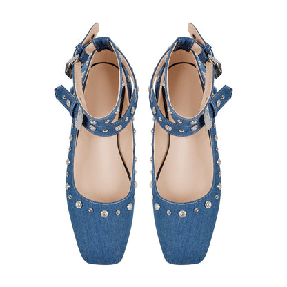 Square Toe Ankle Buckle Strap Crossdressing Flats