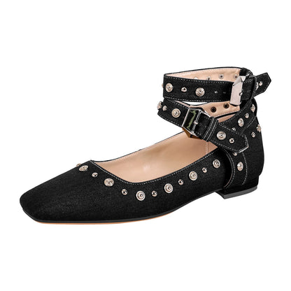 Square Toe Ankle Buckle Strap Crossdressing Flats