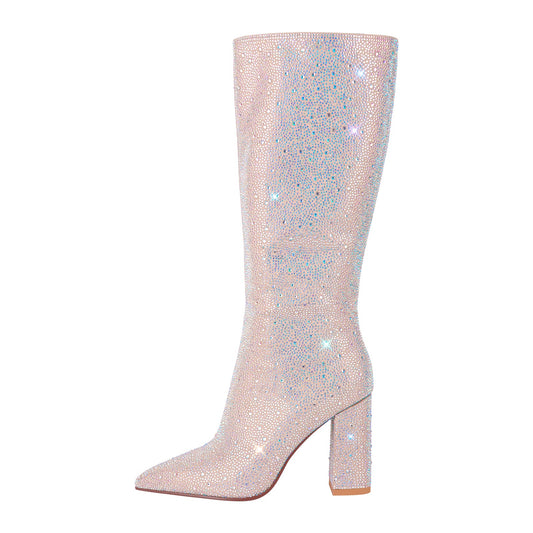 Rhinestone Pointed Toe Chunky Heel Crossdressing Boots