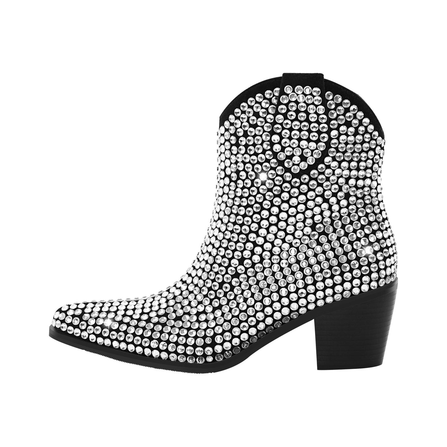 Rhinestone Pointed Toe Chunky Heel Crossdressing Ankle Boots