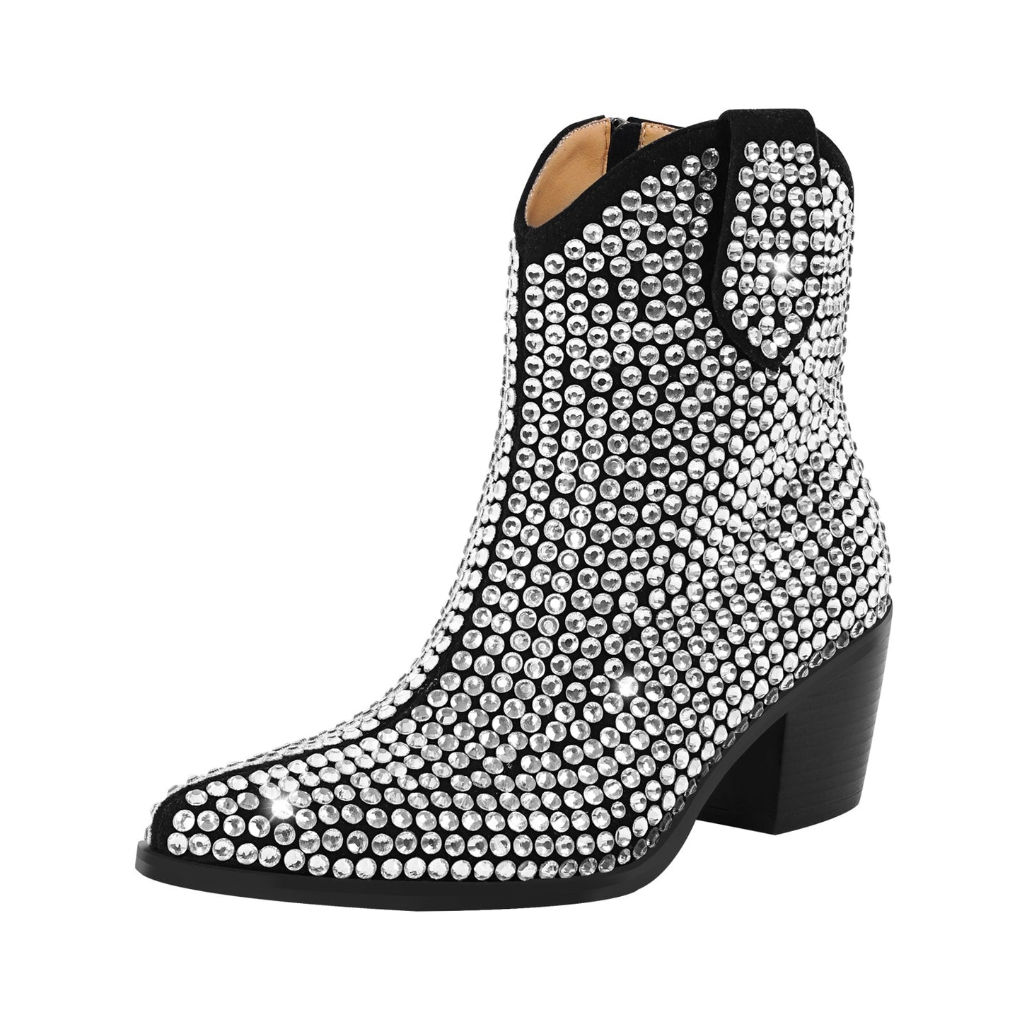 Rhinestone Pointed Toe Chunky Heel Crossdressing Ankle Boots
