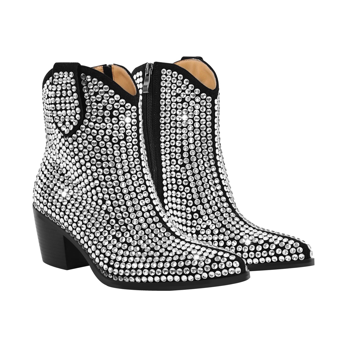 Rhinestone Pointed Toe Chunky Heel Crossdressing Ankle Boots