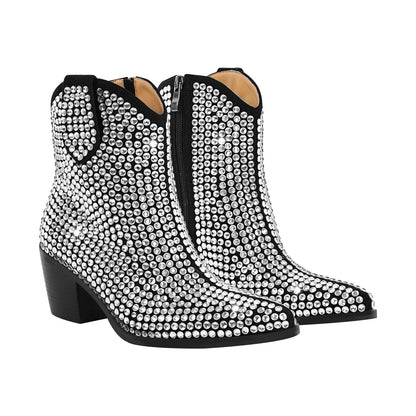 Rhinestone Pointed Toe Chunky Heel Crossdressing Ankle Boots