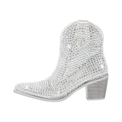 Rhinestone Pointed Toe Chunky Heel Crossdressing Ankle Boots
