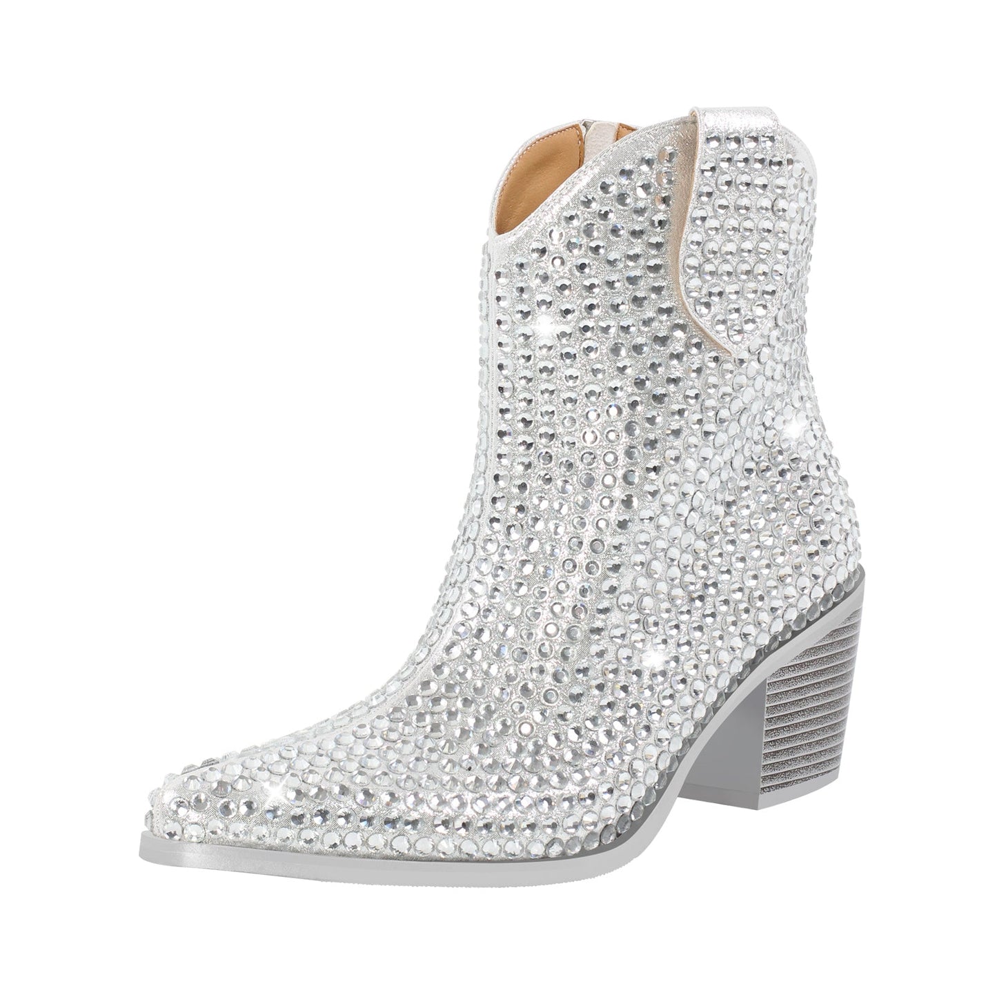 Rhinestone Pointed Toe Chunky Heel Crossdressing Ankle Boots