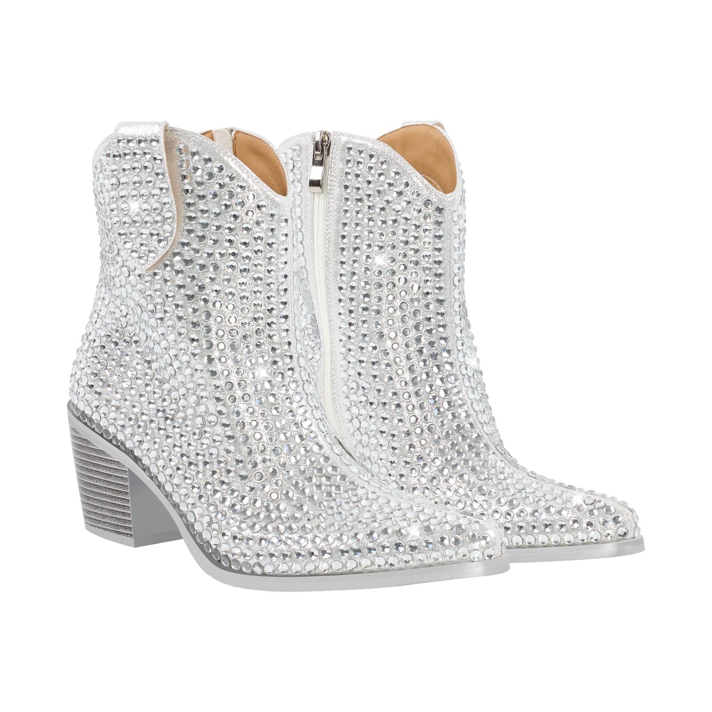 Rhinestone Pointed Toe Chunky Heel Crossdressing Ankle Boots