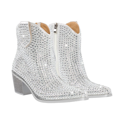 Rhinestone Pointed Toe Chunky Heel Crossdressing Ankle Boots
