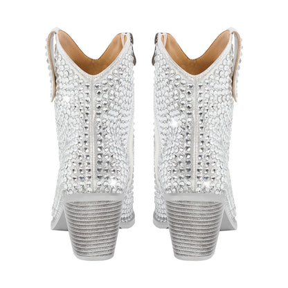 Rhinestone Pointed Toe Chunky Heel Crossdressing Ankle Boots