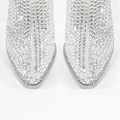 Rhinestone Pointed Toe Chunky Heel Crossdressing Ankle Boots