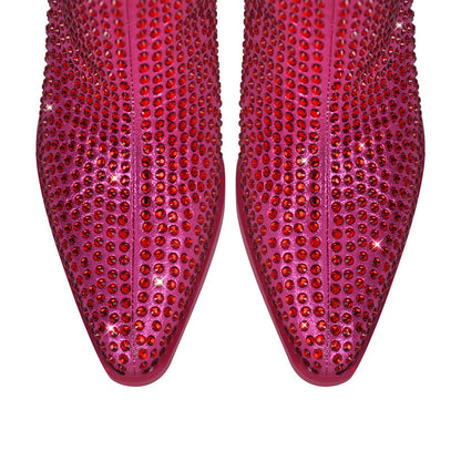 Rhinestone Pointed Toe Chunky Heel Crossdressing Ankle Boots