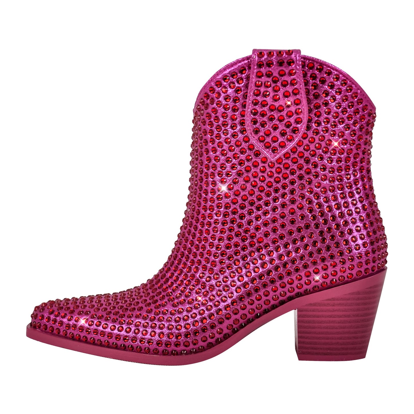 Rhinestone Pointed Toe Chunky Heel Crossdressing Ankle Boots