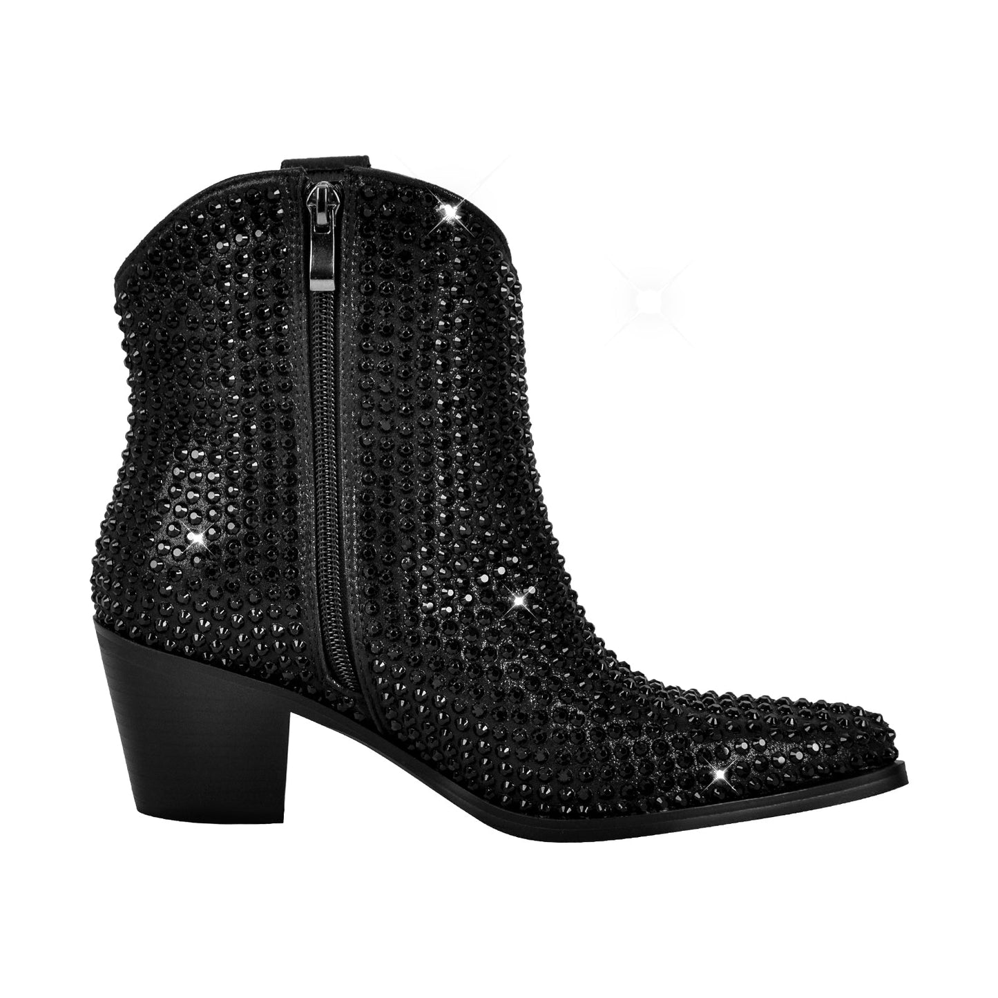 Rhinestone Pointed Toe Chunky Heel Crossdressing Ankle Boots