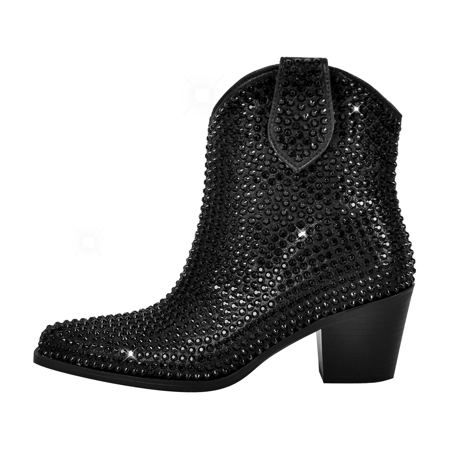 Rhinestone Pointed Toe Chunky Heel Crossdressing Ankle Boots